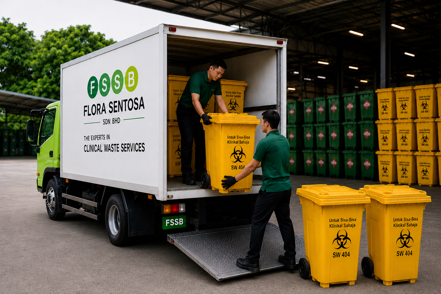 Flora Sentosa team loading clinical waste bins into a service truck